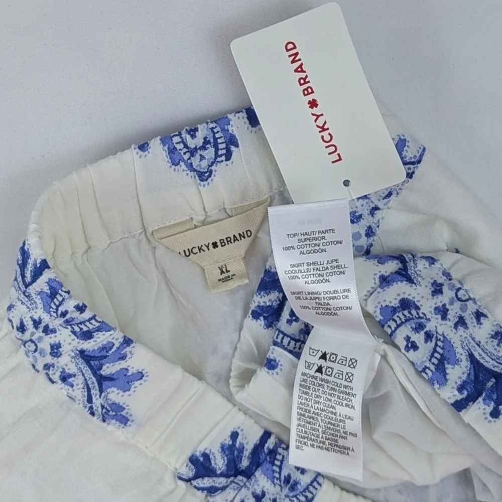Lucky Brand Sleeveless Top Midi Skirt Set Cotton Paisley Print White Blue XL NWT